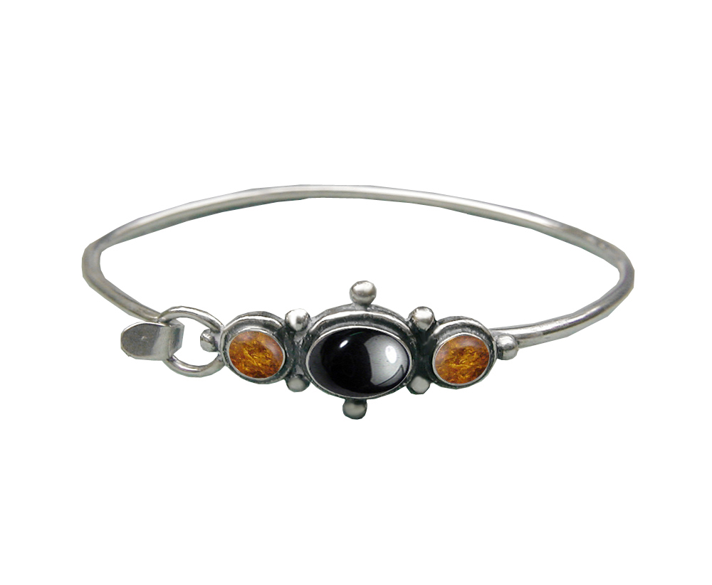 Sterling Silver Strap Latch Spring Hook Bangle Bracelet Hematite And Amber